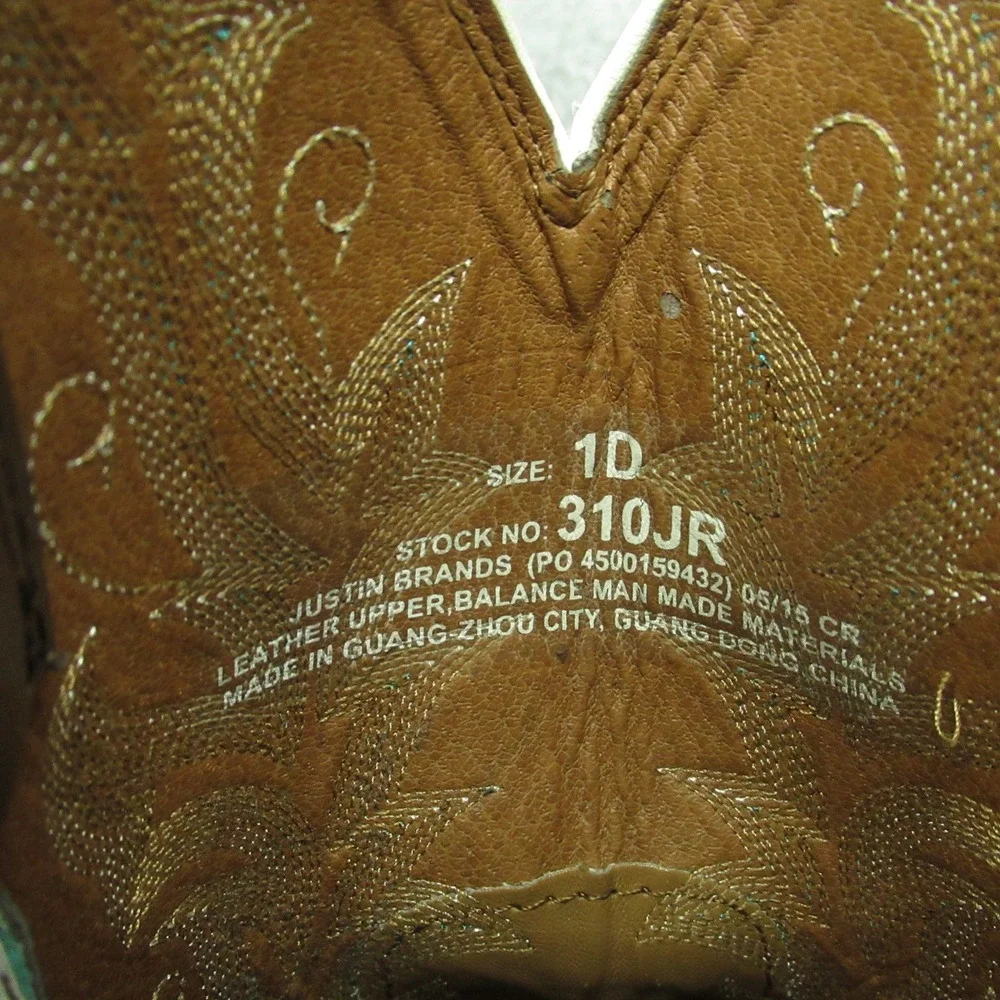 Justin Cowboy Boot Youth 1D Square Toe Brown Turquoise Western Embroidery Riding